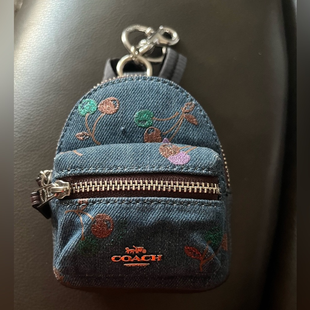 Coach Blue Denim Mini Backpack Keychain Purse Charm in Cherry Print - Picture 9 of 9